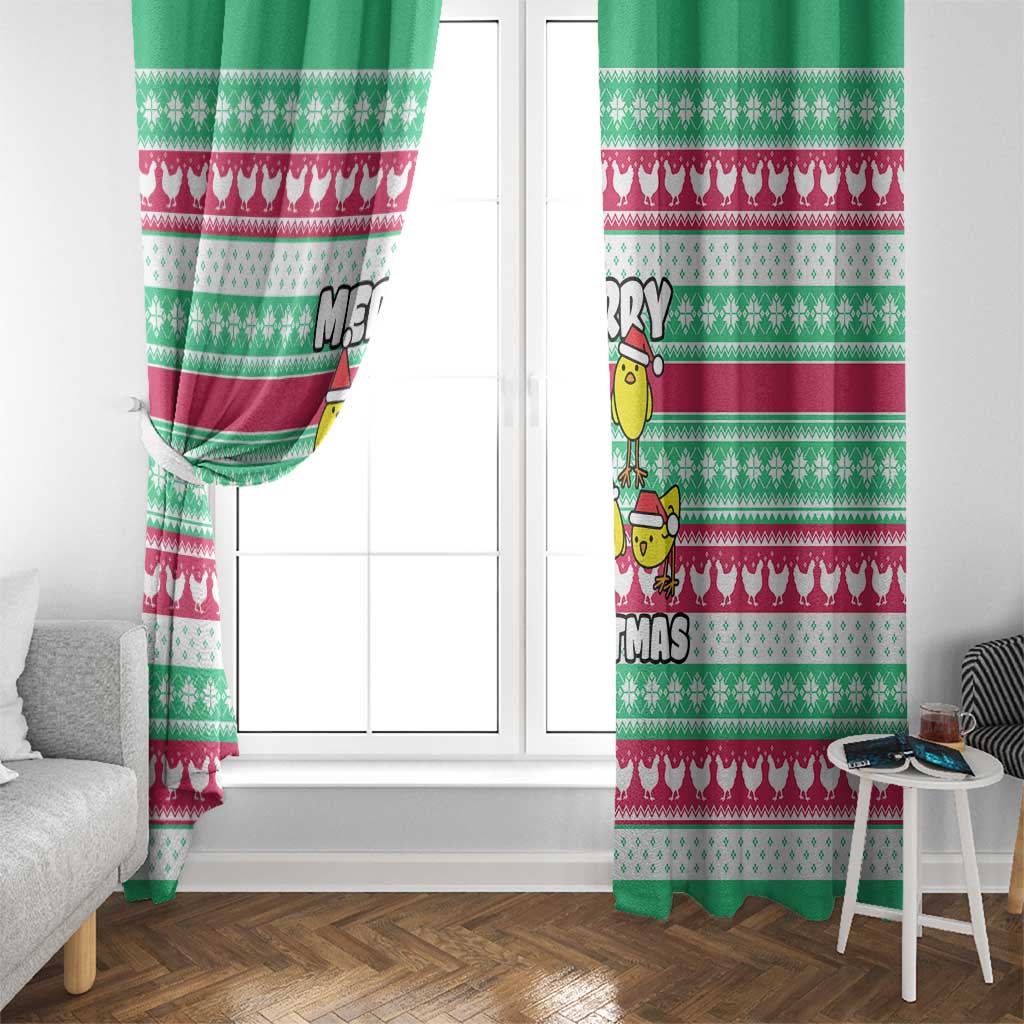 Merry Chickmas Christmas Window Curtain with Yellow Cartoon Birds in Santa Hats and Red Green Snowflake Pattern - Wonder Print Shop