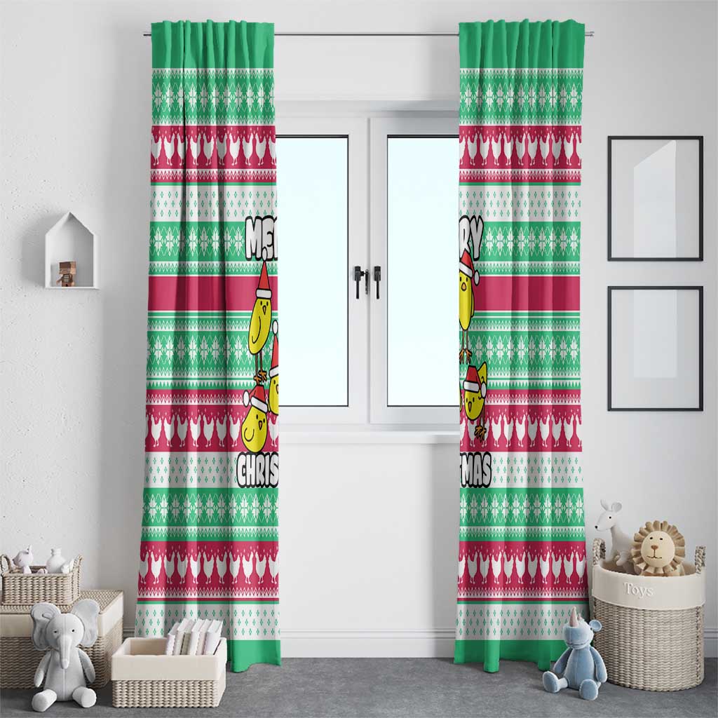 Merry Chickmas Christmas Window Curtain with Yellow Cartoon Birds in Santa Hats and Red Green Snowflake Pattern - Wonder Print Shop