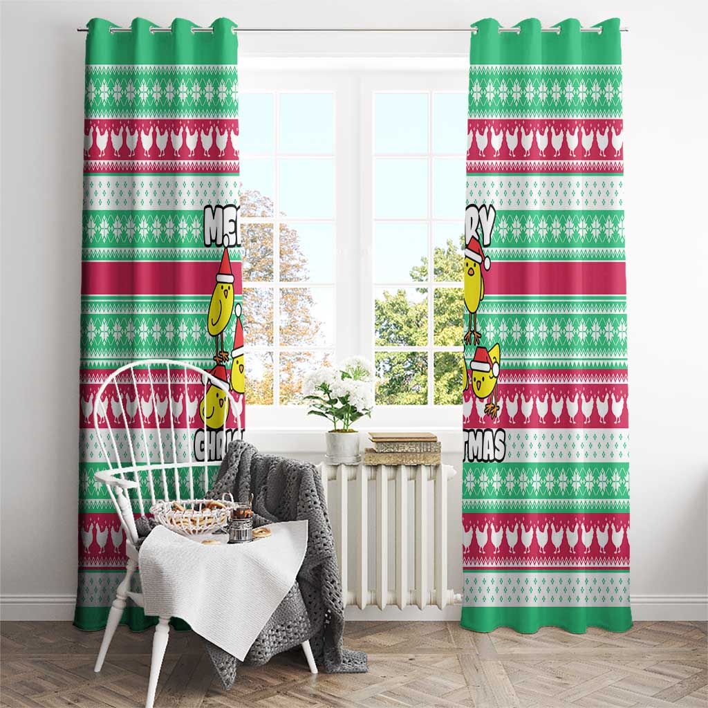 Merry Chickmas Christmas Window Curtain with Yellow Cartoon Birds in Santa Hats and Red Green Snowflake Pattern - Wonder Print Shop