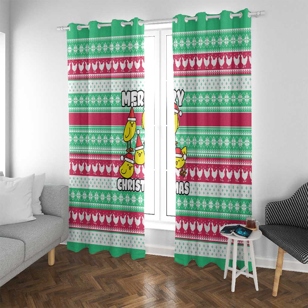 Merry Chickmas Christmas Window Curtain with Yellow Cartoon Birds in Santa Hats and Red Green Snowflake Pattern - Wonder Print Shop