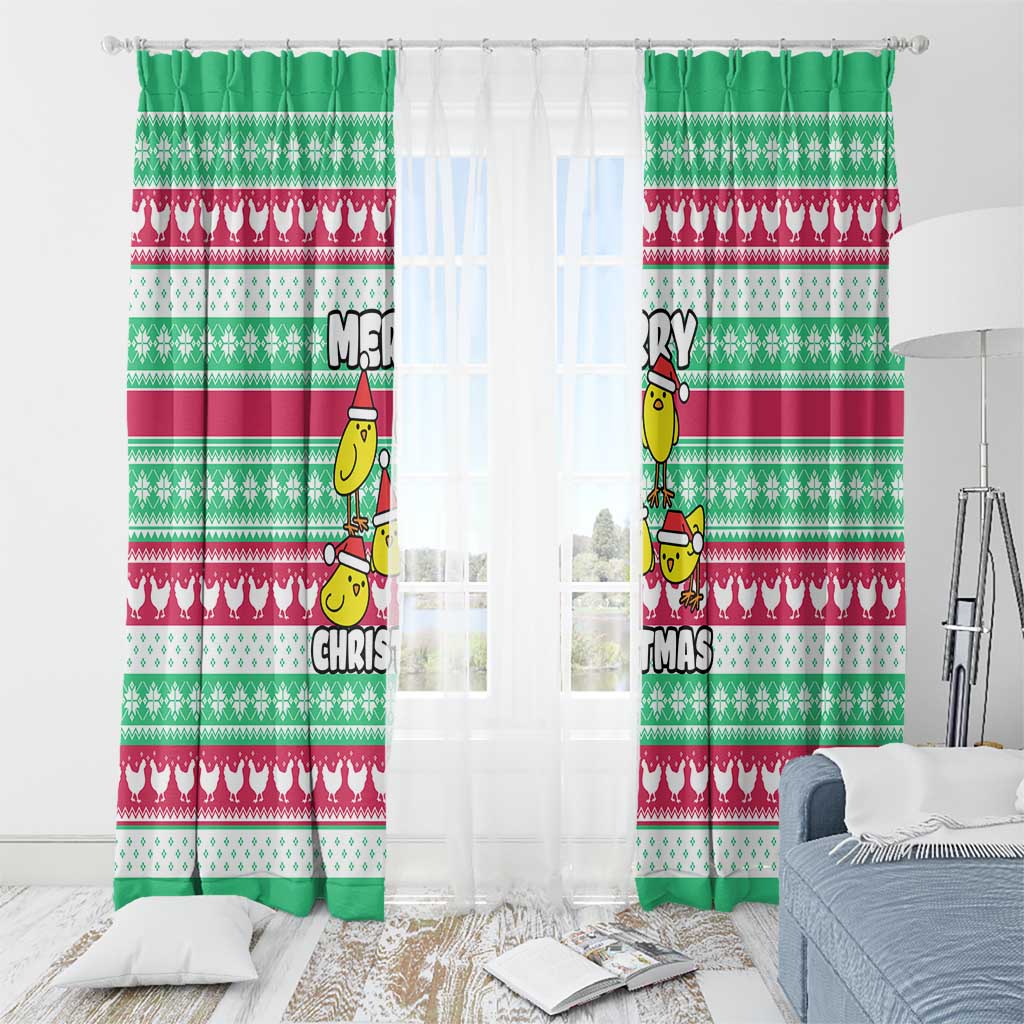 Merry Chickmas Christmas Window Curtain with Yellow Cartoon Birds in Santa Hats and Red Green Snowflake Pattern - Wonder Print Shop
