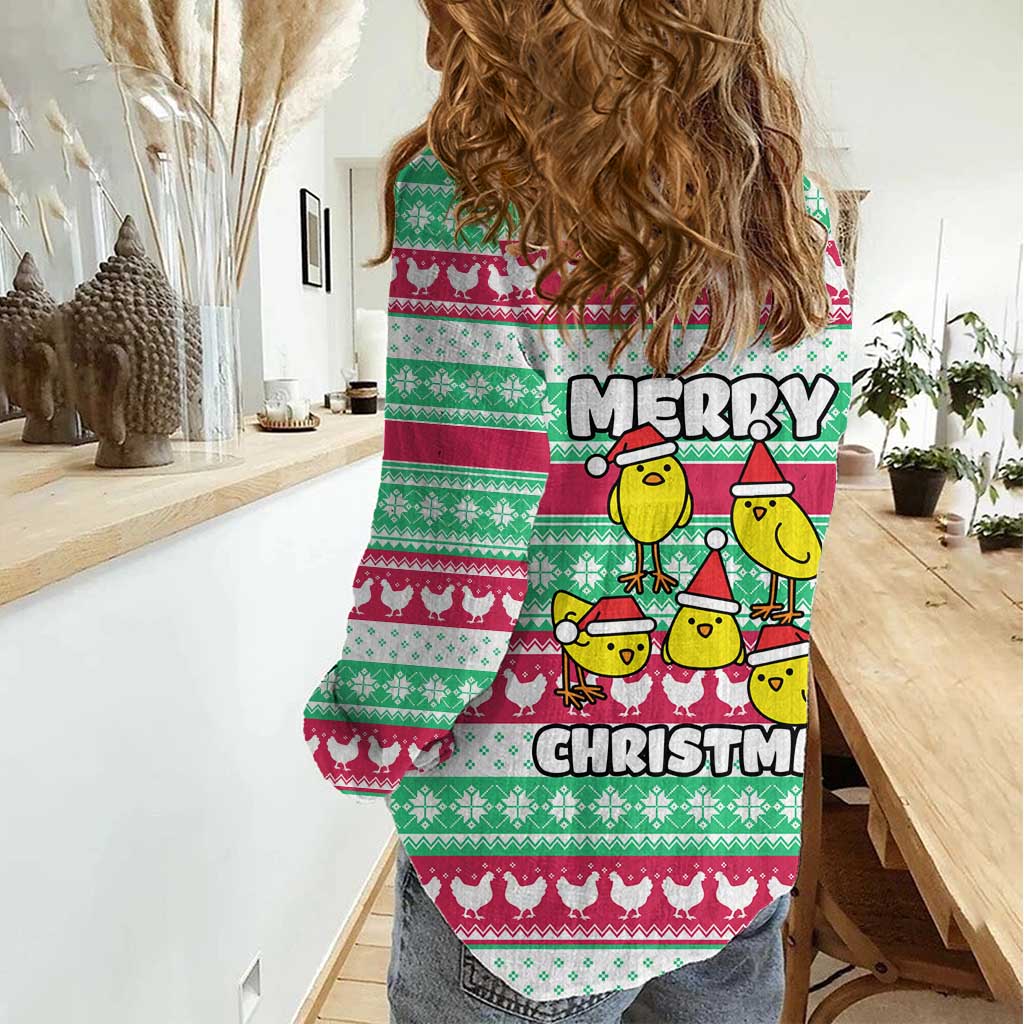 Merry Chickmas Christmas Women Casual Shirt with Yellow Cartoon Birds in Santa Hats and Red Green Snowflake Pattern - Wonder Print Shop