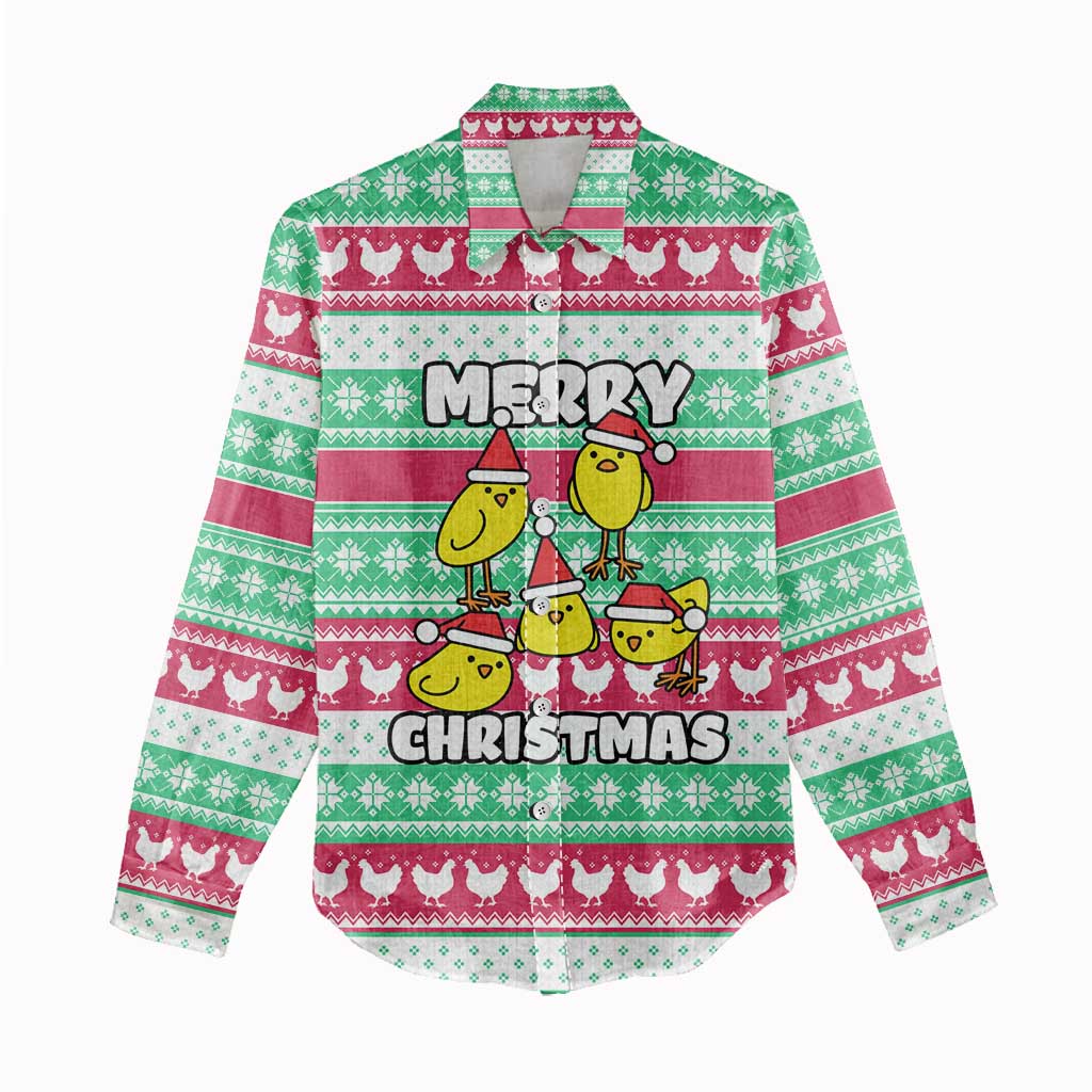 Merry Chickmas Christmas Women Casual Shirt with Yellow Cartoon Birds in Santa Hats and Red Green Snowflake Pattern - Wonder Print Shop