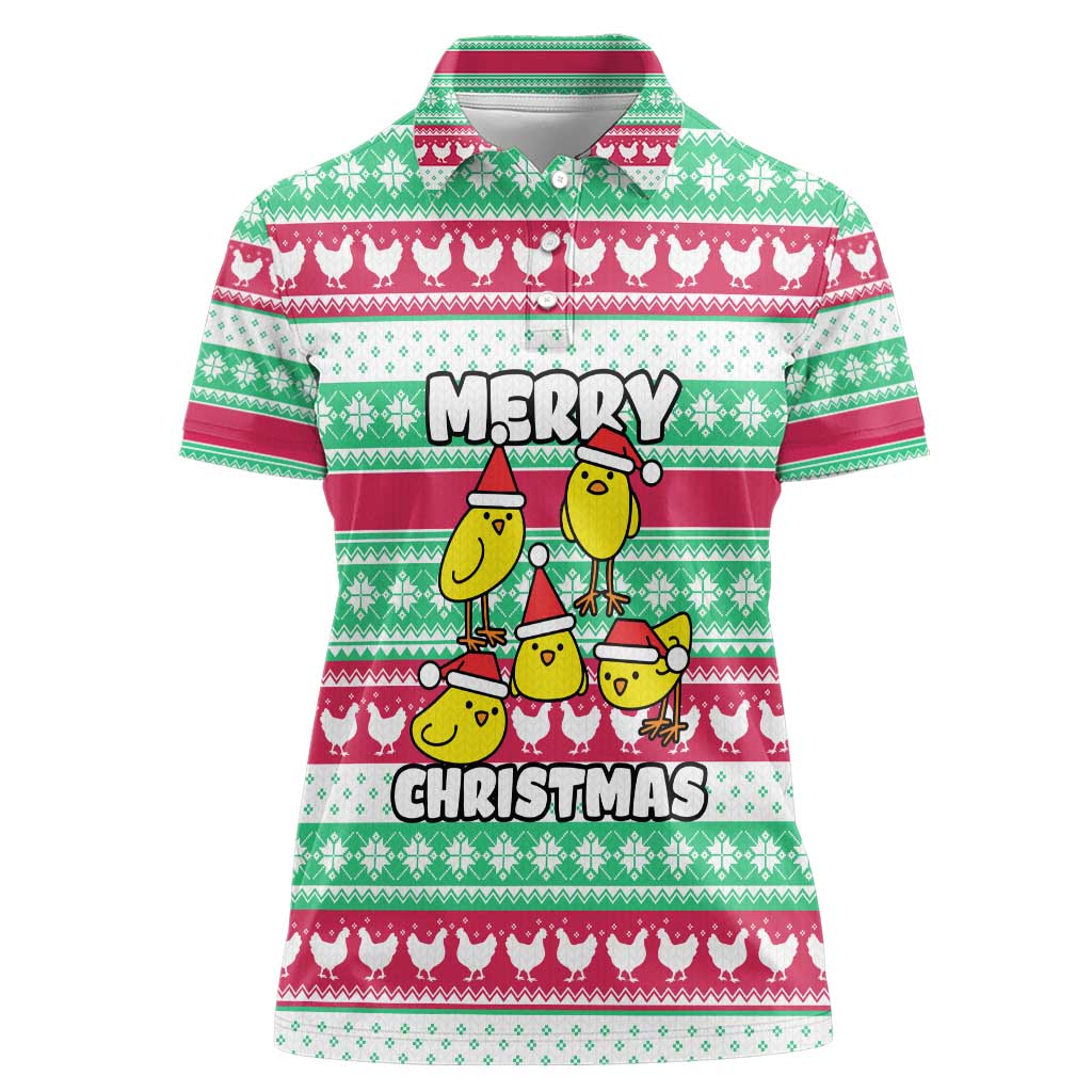 Merry Chickmas Christmas Women Polo Shirt with Yellow Cartoon Birds in Santa Hats and Red Green Snowflake Pattern - Wonder Print Shop