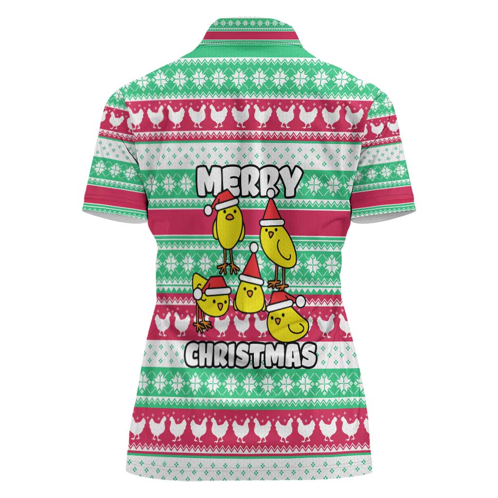 Merry Chickmas Christmas Women Polo Shirt with Yellow Cartoon Birds in Santa Hats and Red Green Snowflake Pattern - Wonder Print Shop