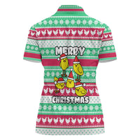 Merry Chickmas Christmas Women Polo Shirt with Yellow Cartoon Birds in Santa Hats and Red Green Snowflake Pattern - Wonder Print Shop