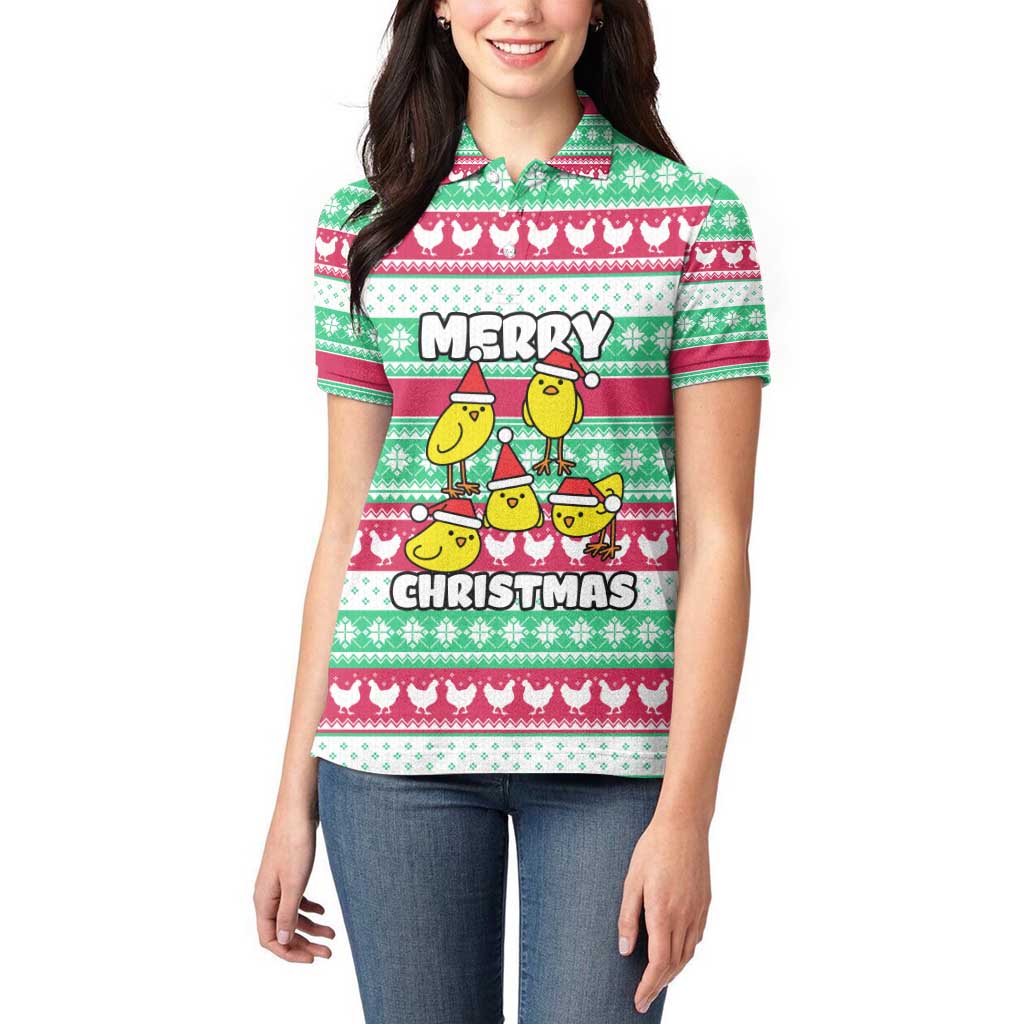 Merry Chickmas Christmas Women Polo Shirt with Yellow Cartoon Birds in Santa Hats and Red Green Snowflake Pattern - Wonder Print Shop