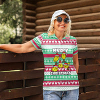 Merry Chickmas Christmas Women Polo Shirt with Yellow Cartoon Birds in Santa Hats and Red Green Snowflake Pattern - Wonder Print Shop