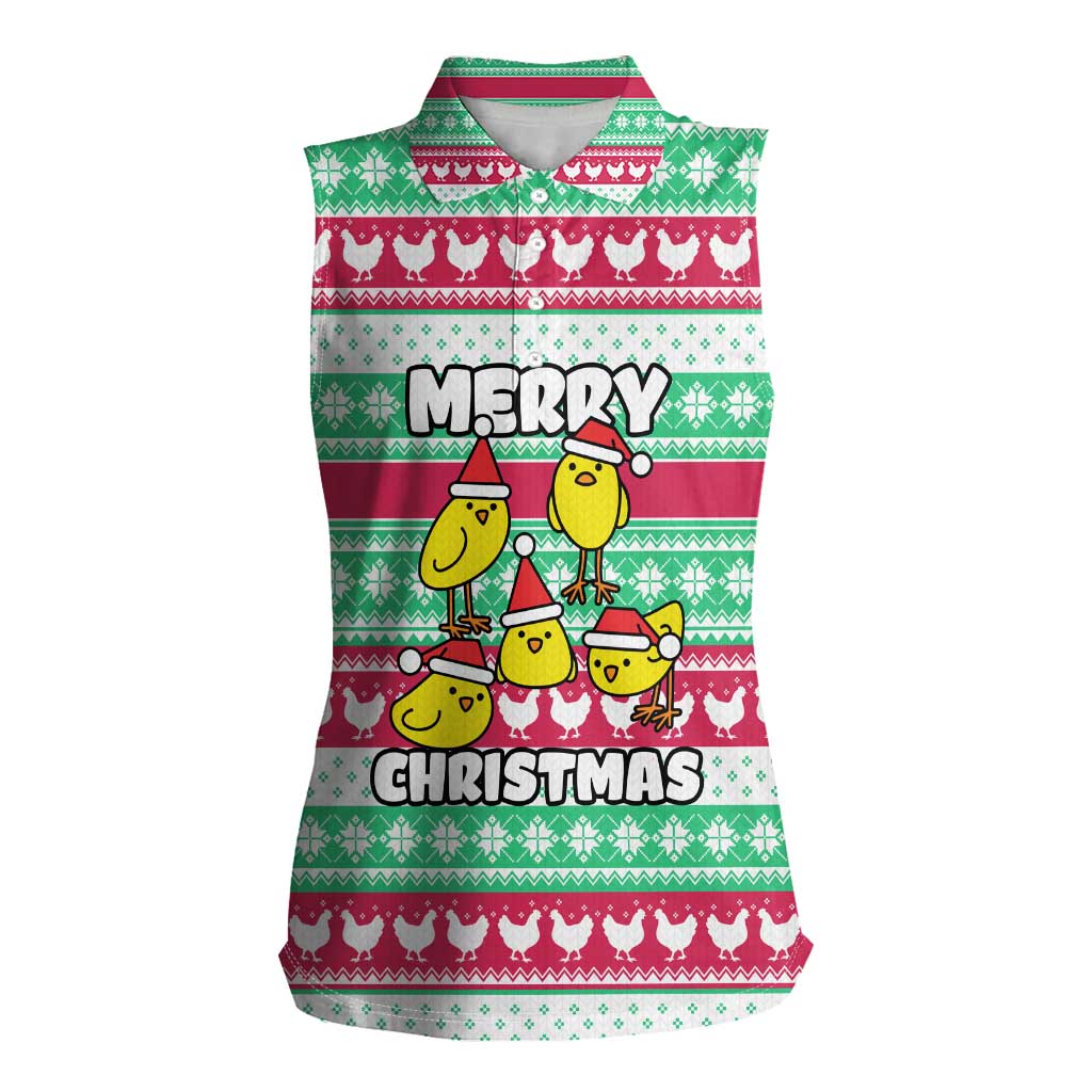 Merry Chickmas Christmas Women Sleeveless Polo Shirt with Yellow Cartoon Birds in Santa Hats and Red Green Snowflake Pattern - Wonder Print Shop