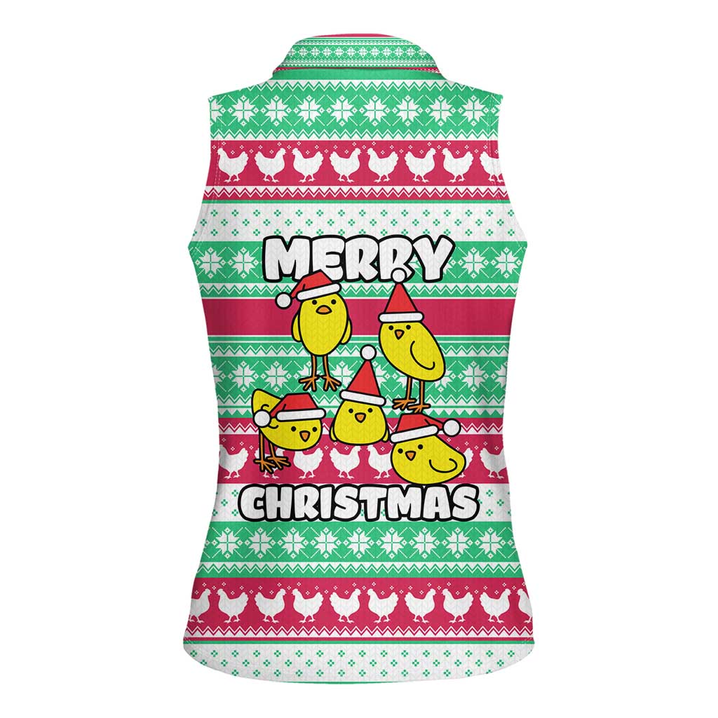 Merry Chickmas Christmas Women Sleeveless Polo Shirt with Yellow Cartoon Birds in Santa Hats and Red Green Snowflake Pattern - Wonder Print Shop