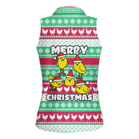 Merry Chickmas Christmas Women Sleeveless Polo Shirt with Yellow Cartoon Birds in Santa Hats and Red Green Snowflake Pattern - Wonder Print Shop