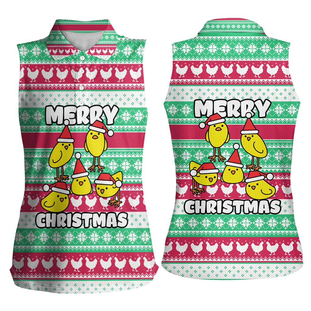 Merry Chickmas Christmas Women Sleeveless Polo Shirt with Yellow Cartoon Birds in Santa Hats and Red Green Snowflake Pattern - Wonder Print Shop