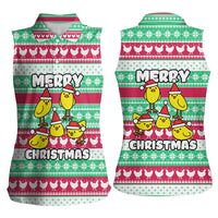 Merry Chickmas Christmas Women Sleeveless Polo Shirt with Yellow Cartoon Birds in Santa Hats and Red Green Snowflake Pattern - Wonder Print Shop