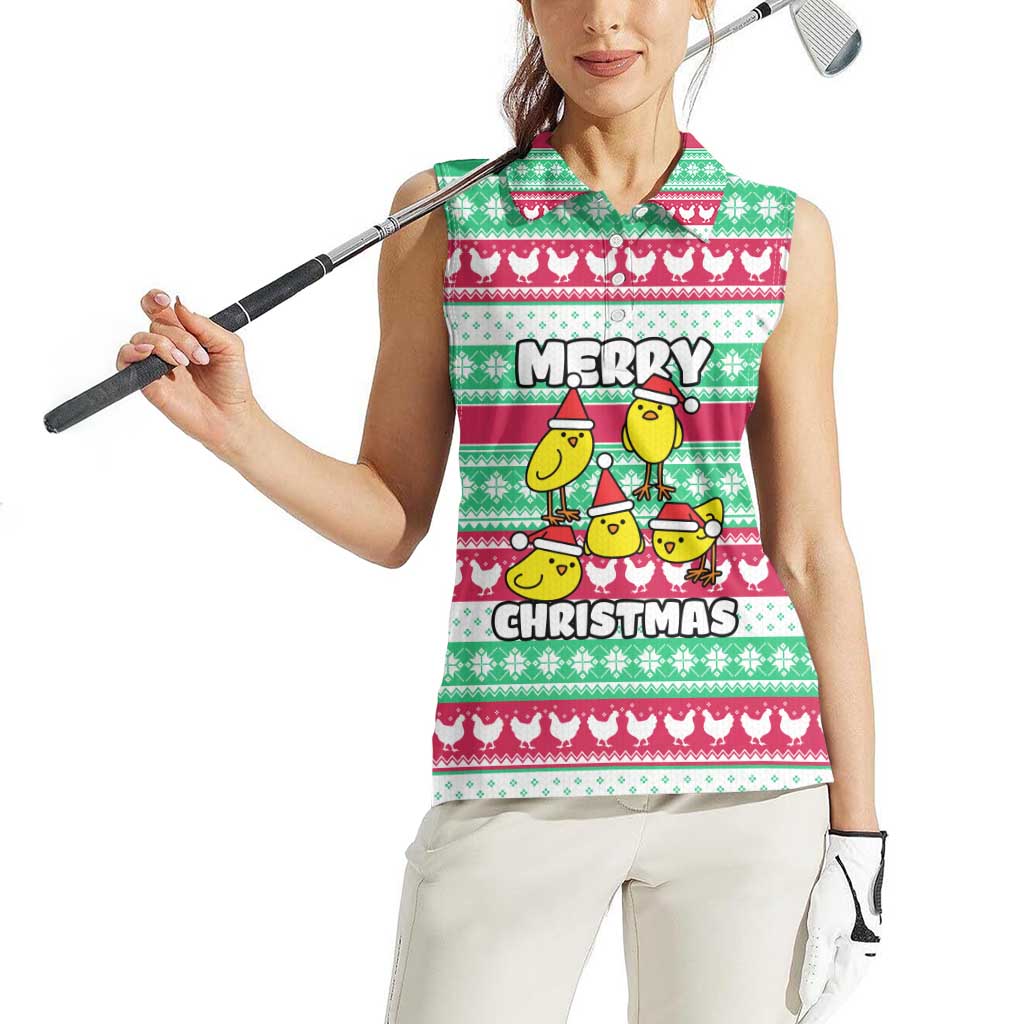 Merry Chickmas Christmas Women Sleeveless Polo Shirt with Yellow Cartoon Birds in Santa Hats and Red Green Snowflake Pattern - Wonder Print Shop