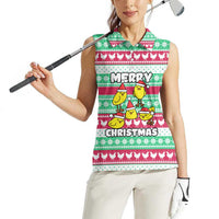 Merry Chickmas Christmas Women Sleeveless Polo Shirt with Yellow Cartoon Birds in Santa Hats and Red Green Snowflake Pattern - Wonder Print Shop
