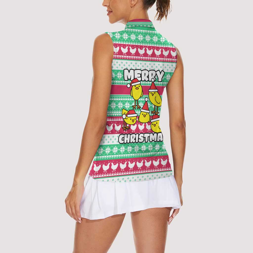 Merry Chickmas Christmas Women Sleeveless Polo Shirt with Yellow Cartoon Birds in Santa Hats and Red Green Snowflake Pattern - Wonder Print Shop