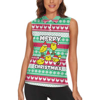 Merry Chickmas Christmas Women Sleeveless Polo Shirt with Yellow Cartoon Birds in Santa Hats and Red Green Snowflake Pattern - Wonder Print Shop