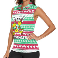 Merry Chickmas Christmas Women Sleeveless Polo Shirt with Yellow Cartoon Birds in Santa Hats and Red Green Snowflake Pattern - Wonder Print Shop