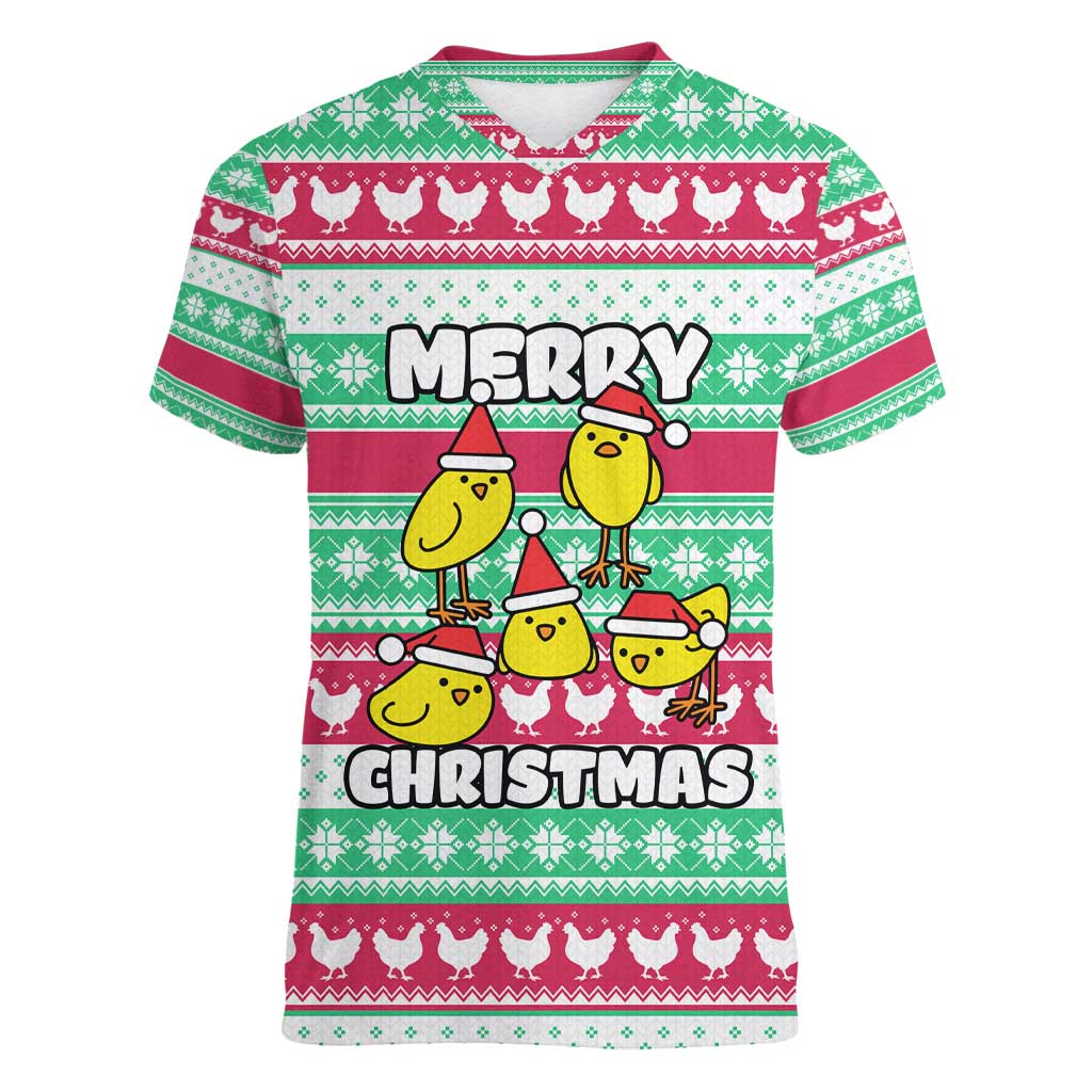 Merry Chickmas Christmas Women V-Neck T-Shirt with Yellow Cartoon Birds in Santa Hats and Red Green Snowflake Pattern - Wonder Print Shop