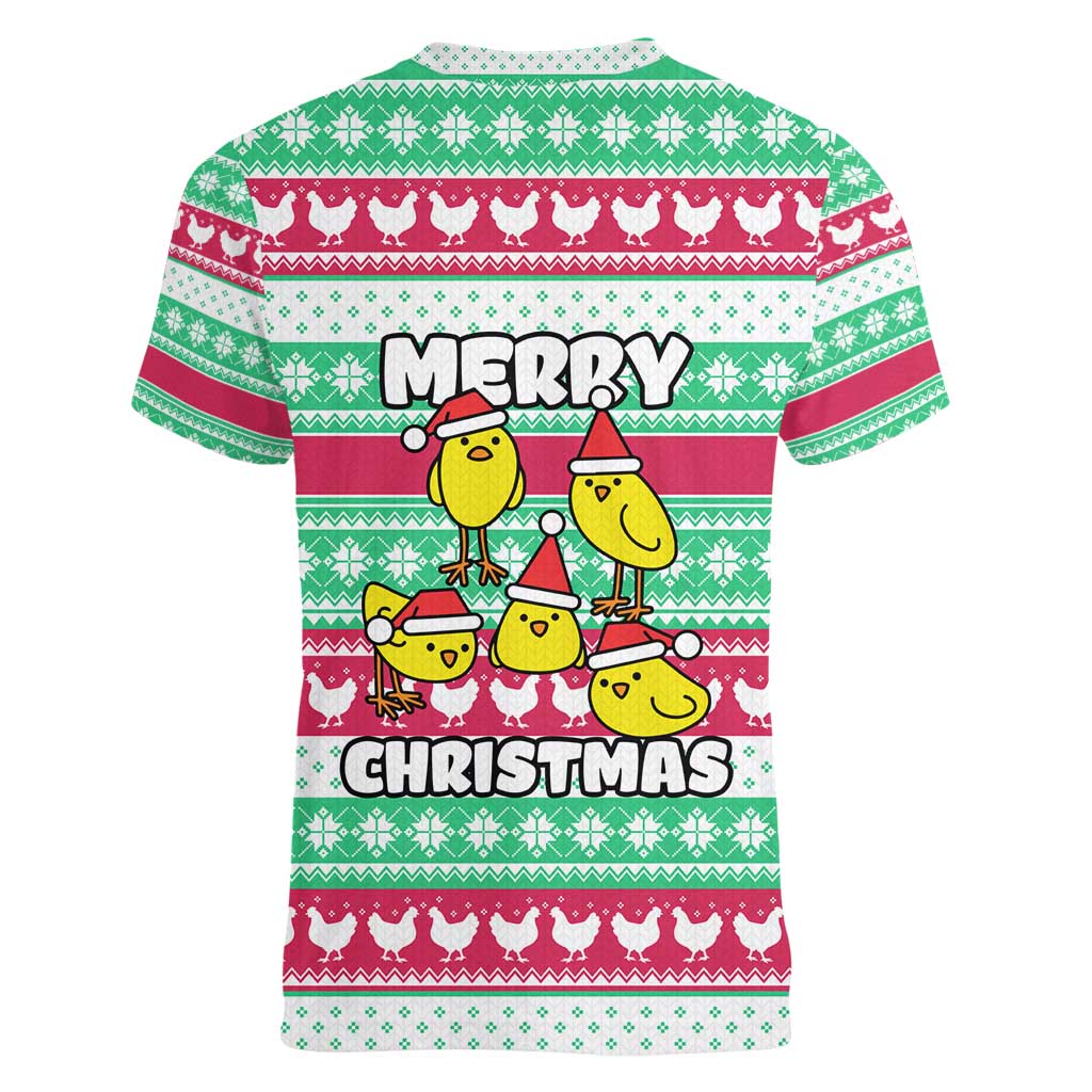 Merry Chickmas Christmas Women V-Neck T-Shirt with Yellow Cartoon Birds in Santa Hats and Red Green Snowflake Pattern - Wonder Print Shop