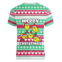 Merry Chickmas Christmas Women V-Neck T-Shirt with Yellow Cartoon Birds in Santa Hats and Red Green Snowflake Pattern - Wonder Print Shop