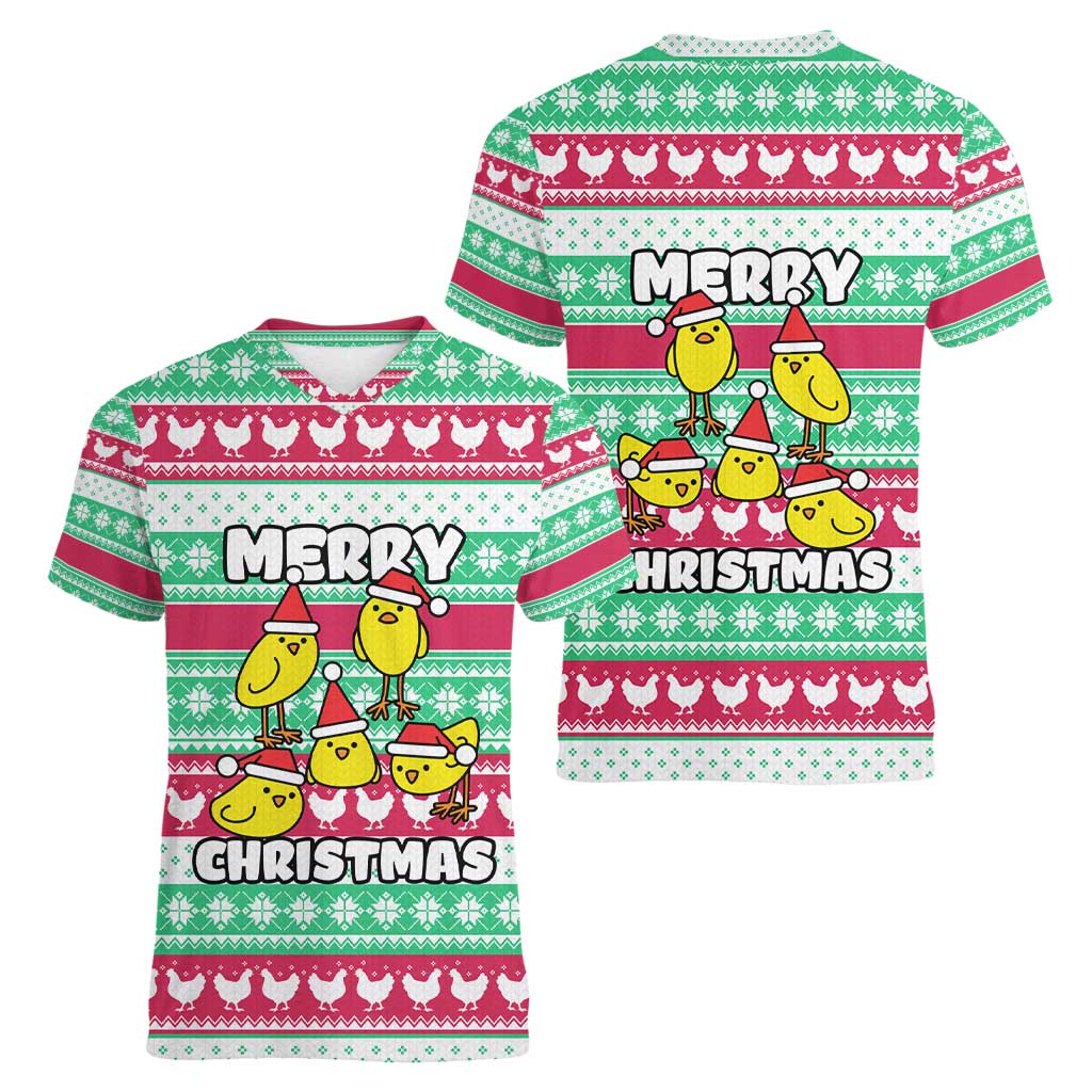 Merry Chickmas Christmas Women V-Neck T-Shirt with Yellow Cartoon Birds in Santa Hats and Red Green Snowflake Pattern - Wonder Print Shop