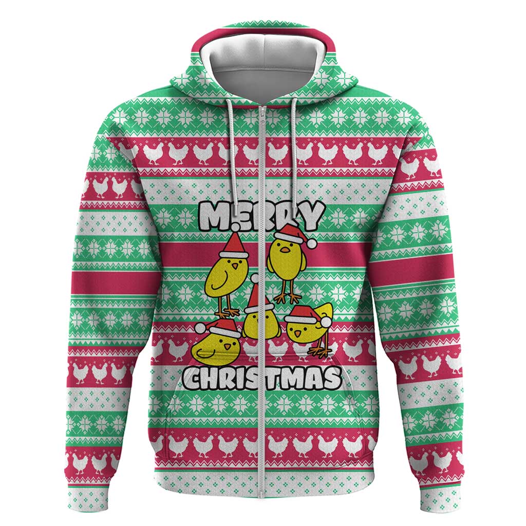 Merry Chickmas Christmas Zip Hoodie with Yellow Cartoon Birds in Santa Hats and Red Green Snowflake Pattern - Wonder Print Shop