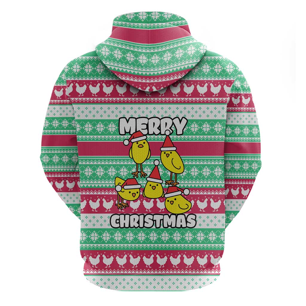 Merry Chickmas Christmas Zip Hoodie with Yellow Cartoon Birds in Santa Hats and Red Green Snowflake Pattern - Wonder Print Shop