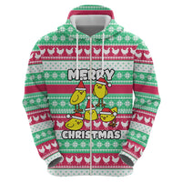 Merry Chickmas Christmas Zip Hoodie with Yellow Cartoon Birds in Santa Hats and Red Green Snowflake Pattern - Wonder Print Shop