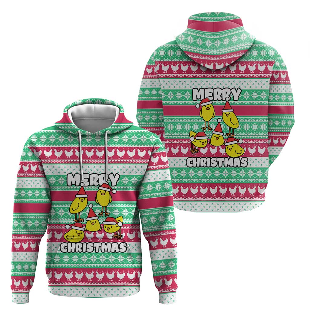 Merry Chickmas Christmas Zip Hoodie with Yellow Cartoon Birds in Santa Hats and Red Green Snowflake Pattern - Wonder Print Shop