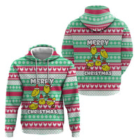 Merry Chickmas Christmas Zip Hoodie with Yellow Cartoon Birds in Santa Hats and Red Green Snowflake Pattern - Wonder Print Shop