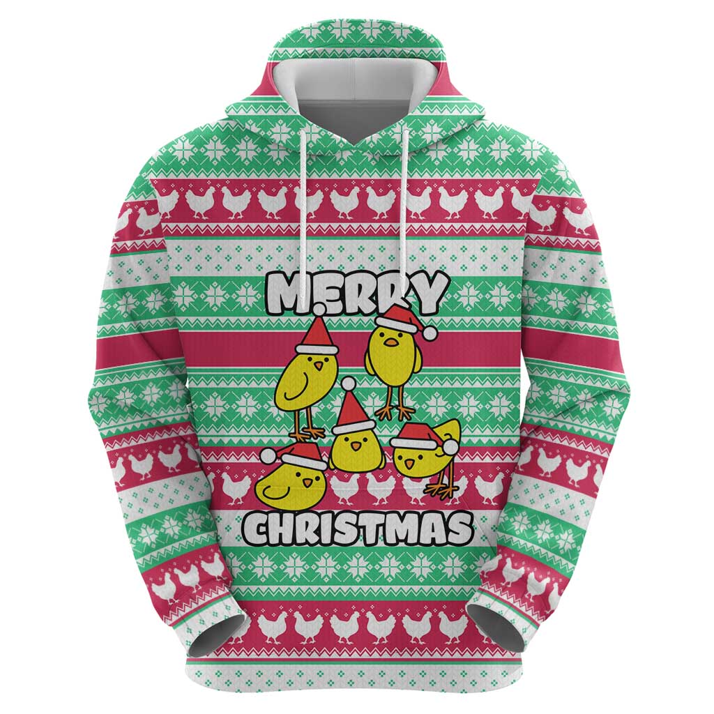 Merry Chickmas Christmas Zip Hoodie with Yellow Cartoon Birds in Santa Hats and Red Green Snowflake Pattern - Wonder Print Shop