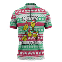 Merry Chickmas Christmas Zipper Polo Shirt with Yellow Cartoon Birds in Santa Hats and Red Green Snowflake Pattern - Wonder Print Shop