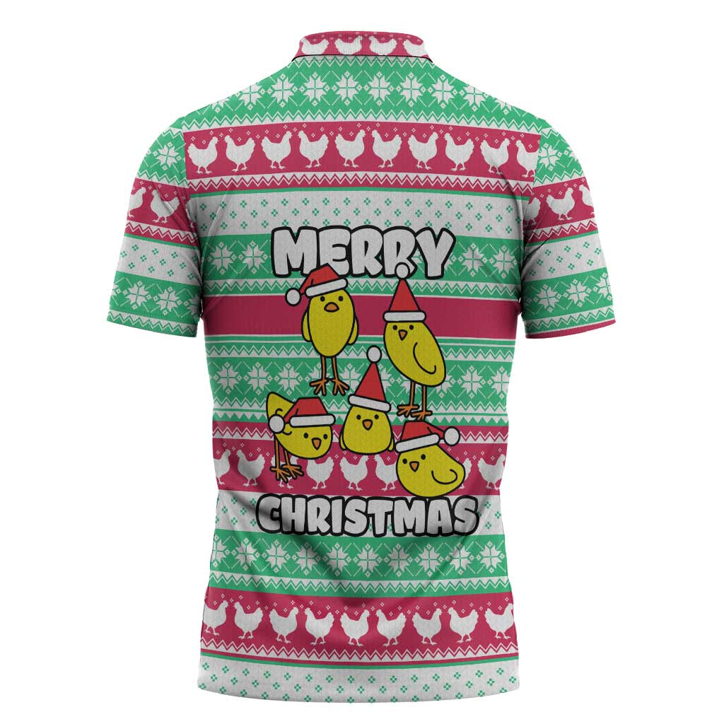 Merry Chickmas Christmas Zipper Polo Shirt with Yellow Cartoon Birds in Santa Hats and Red Green Snowflake Pattern - Wonder Print Shop
