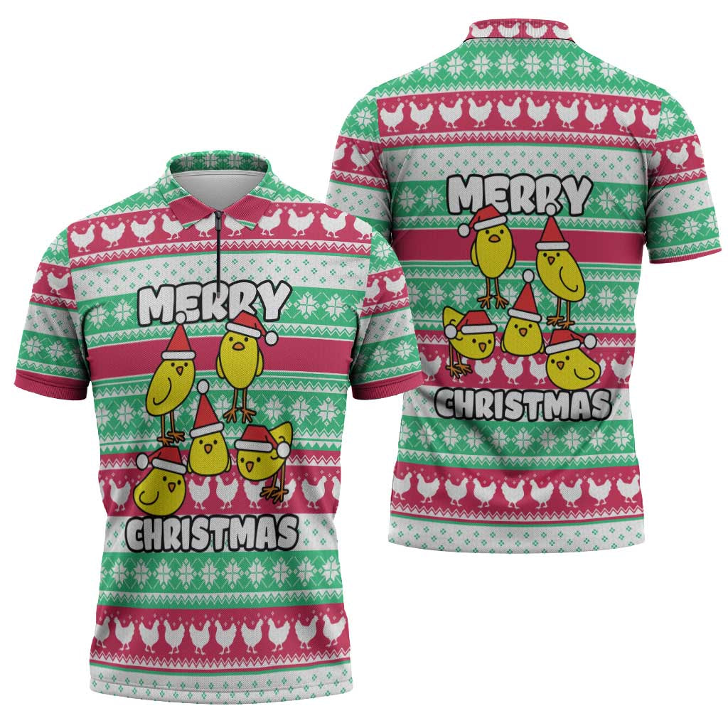 Merry Chickmas Christmas Zipper Polo Shirt with Yellow Cartoon Birds in Santa Hats and Red Green Snowflake Pattern - Wonder Print Shop