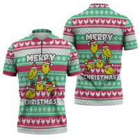 Merry Chickmas Christmas Zipper Polo Shirt with Yellow Cartoon Birds in Santa Hats and Red Green Snowflake Pattern - Wonder Print Shop