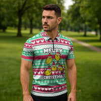 Merry Chickmas Christmas Zipper Polo Shirt with Yellow Cartoon Birds in Santa Hats and Red Green Snowflake Pattern - Wonder Print Shop