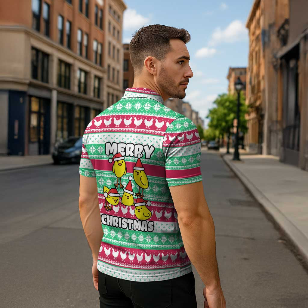 Merry Chickmas Christmas Zipper Polo Shirt with Yellow Cartoon Birds in Santa Hats and Red Green Snowflake Pattern - Wonder Print Shop