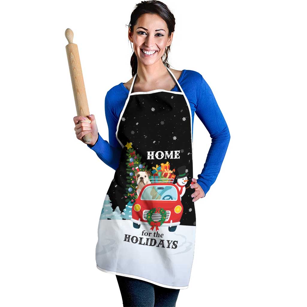 Merry Christmas Bulldog And Snowman Apron Dog Snowman Christmas Tree and Red Car Winter Scene - Wonder Print Shop