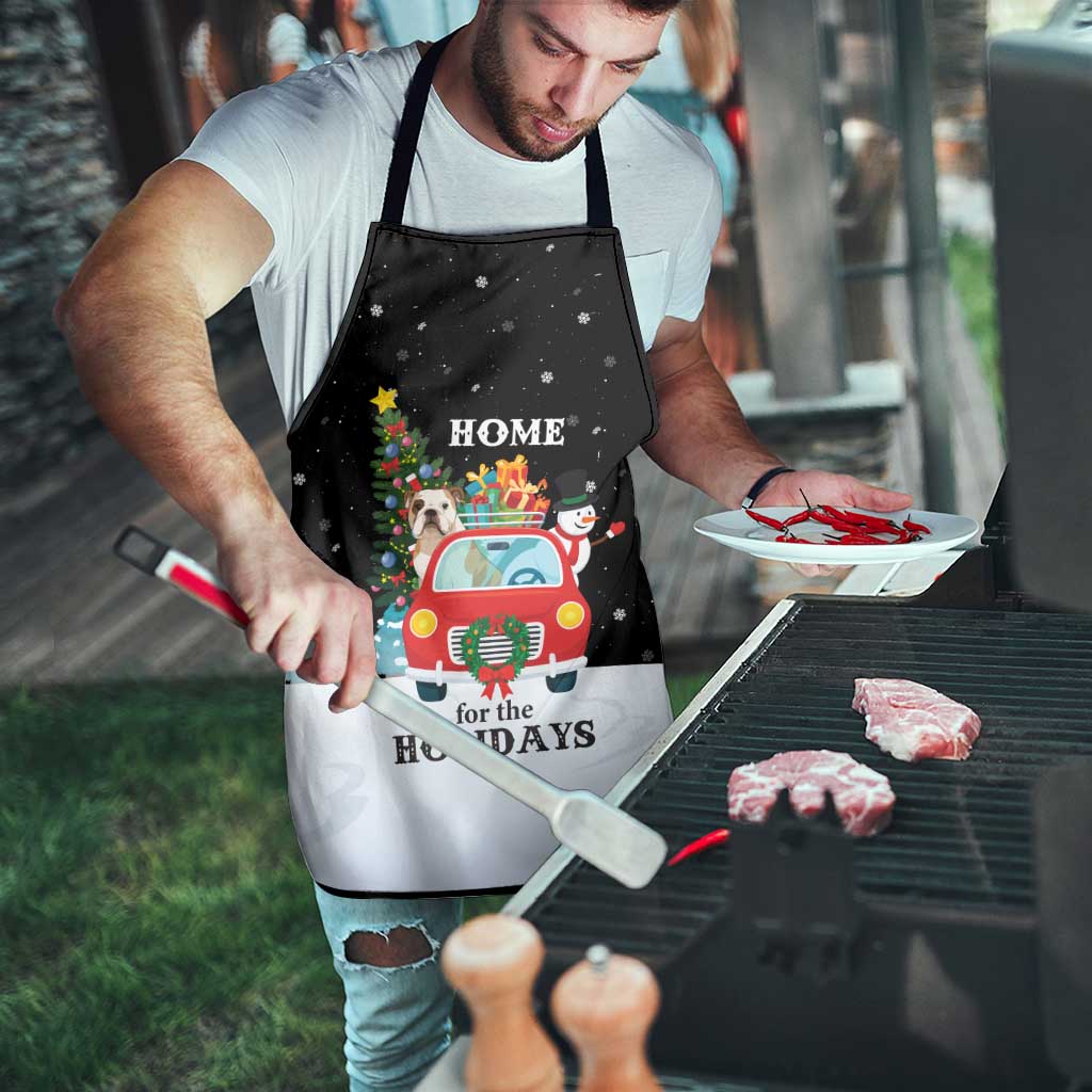 Merry Christmas Bulldog And Snowman Apron Dog Snowman Christmas Tree and Red Car Winter Scene - Wonder Print Shop