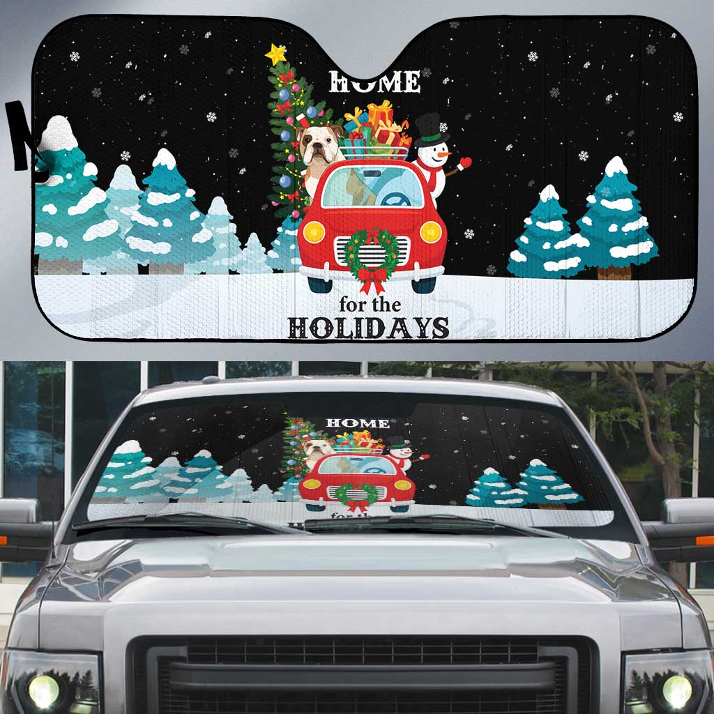 Merry Christmas Bulldog And Snowman Auto Sun Shade Dog Snowman Christmas Tree and Red Car Winter Scene - Wonder Print Shop
