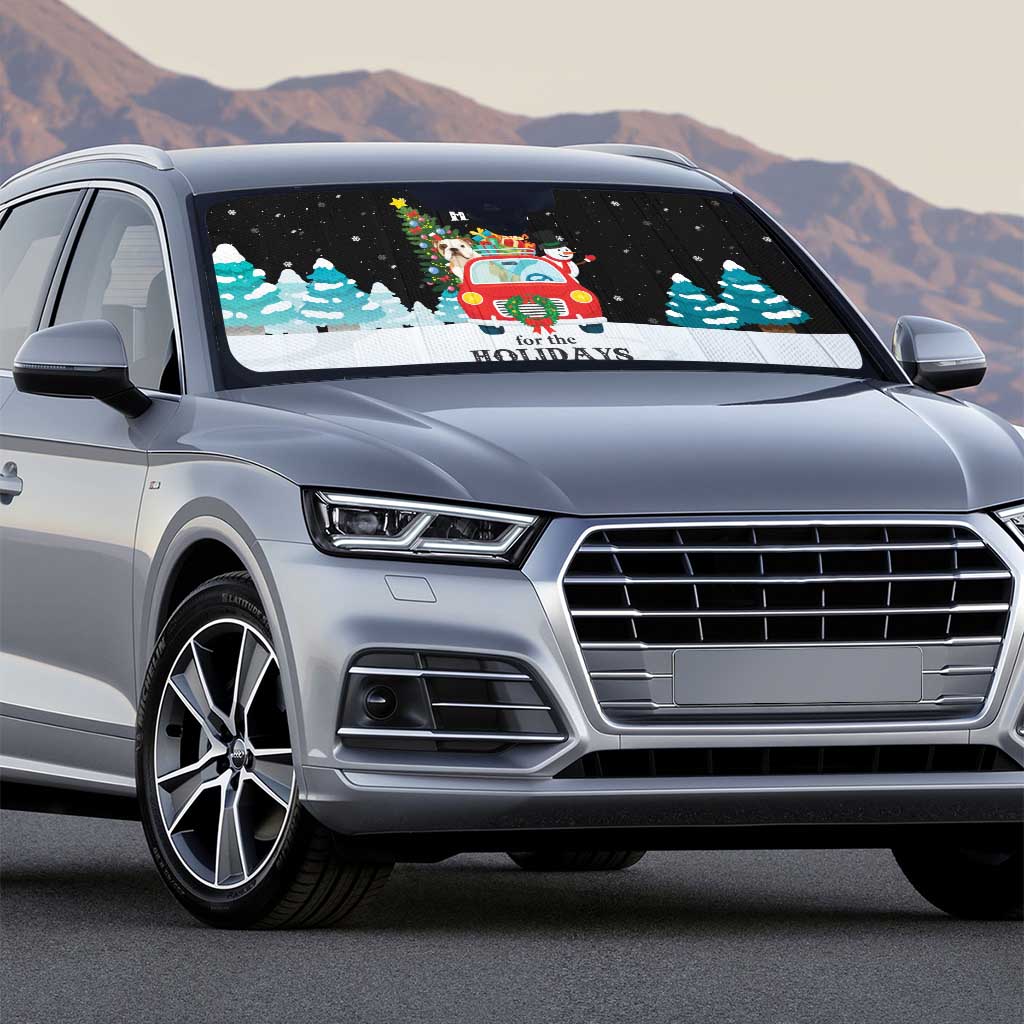 Merry Christmas Bulldog And Snowman Auto Sun Shade Dog Snowman Christmas Tree and Red Car Winter Scene - Wonder Print Shop