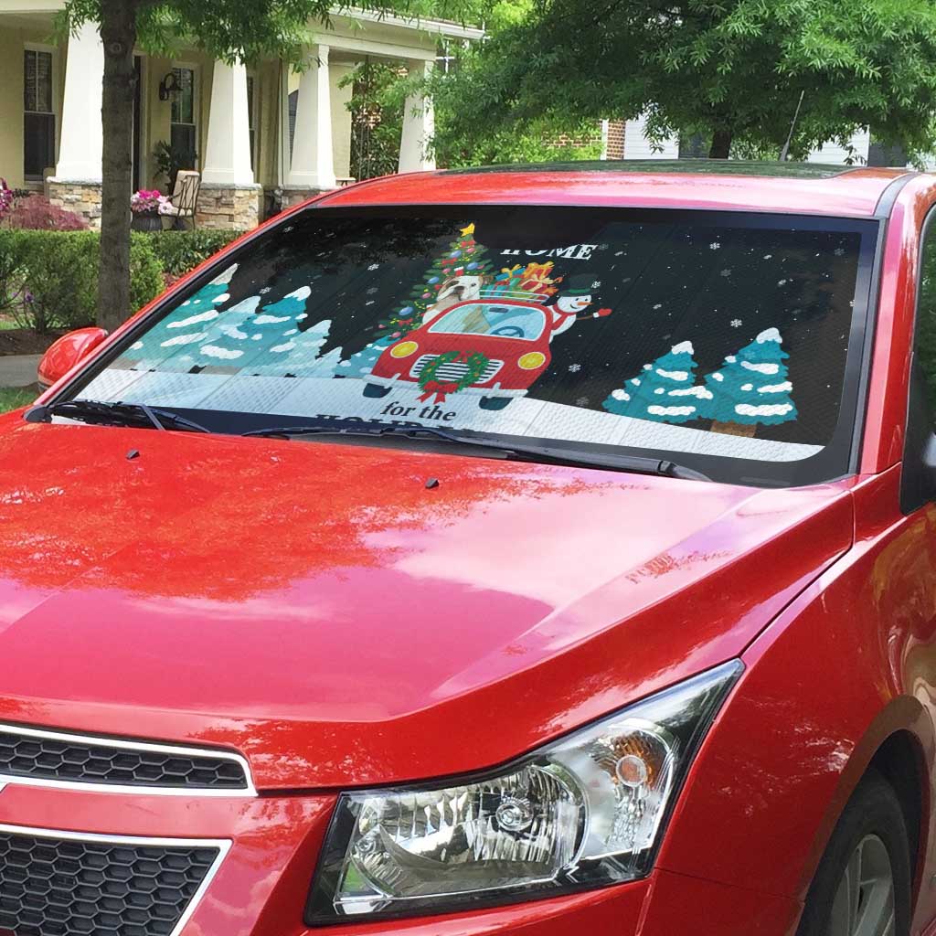 Merry Christmas Bulldog And Snowman Auto Sun Shade Dog Snowman Christmas Tree and Red Car Winter Scene - Wonder Print Shop
