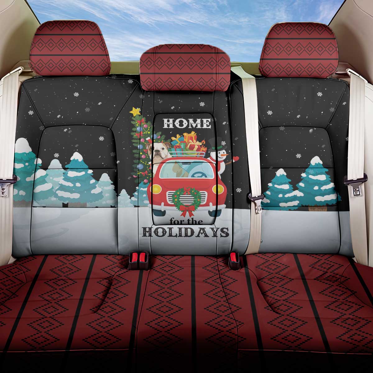 Merry Christmas Bulldog And Snowman Back Car Seat Cover Dog Snowman Christmas Tree and Red Car Winter Scene - Wonder Print Shop