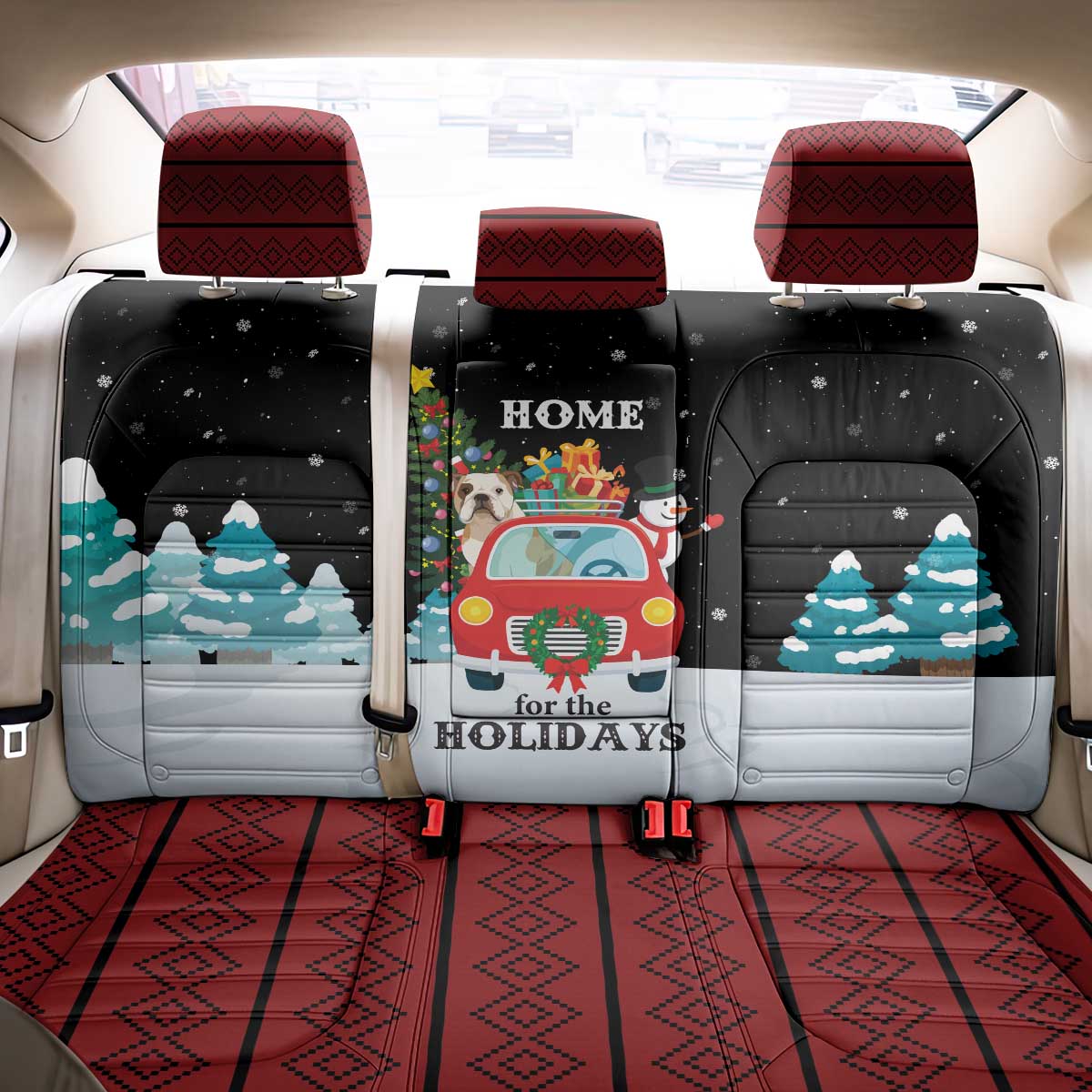 Merry Christmas Bulldog And Snowman Back Car Seat Cover Dog Snowman Christmas Tree and Red Car Winter Scene - Wonder Print Shop