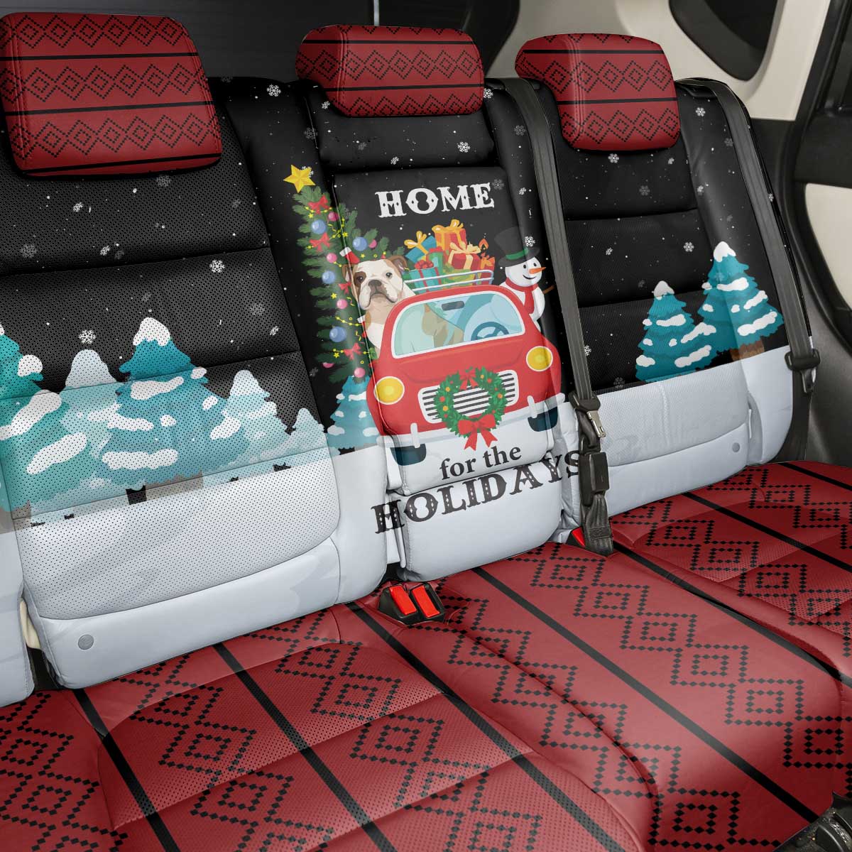 Merry Christmas Bulldog And Snowman Back Car Seat Cover Dog Snowman Christmas Tree and Red Car Winter Scene - Wonder Print Shop