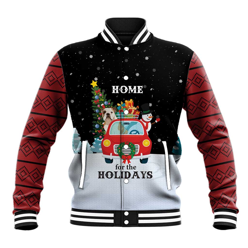 Merry Christmas Bulldog And Snowman Baseball Jacket Dog Snowman Christmas Tree and Red Car Winter Scene - Wonder Print Shop