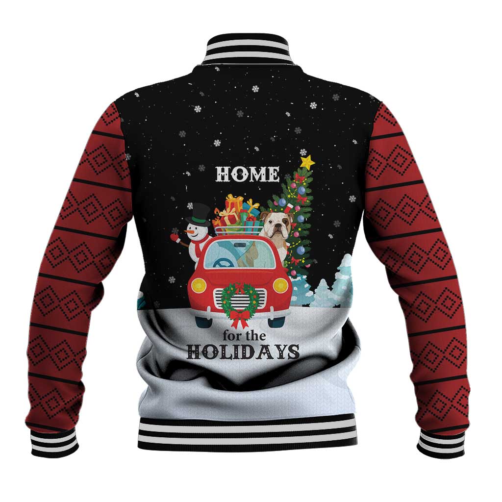 Merry Christmas Bulldog And Snowman Baseball Jacket Dog Snowman Christmas Tree and Red Car Winter Scene - Wonder Print Shop