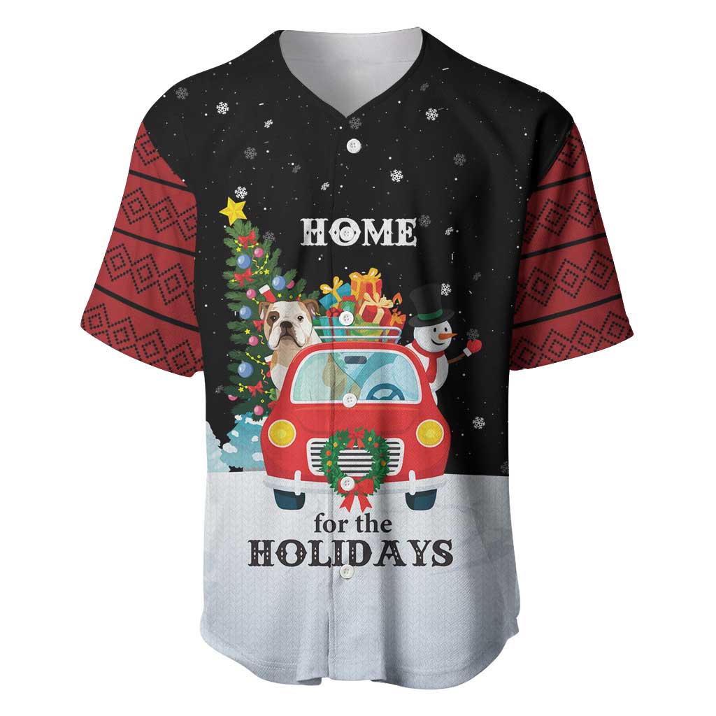 Merry Christmas Bulldog And Snowman Baseball Jersey Dog Snowman Christmas Tree and Red Car Winter Scene - Wonder Print Shop
