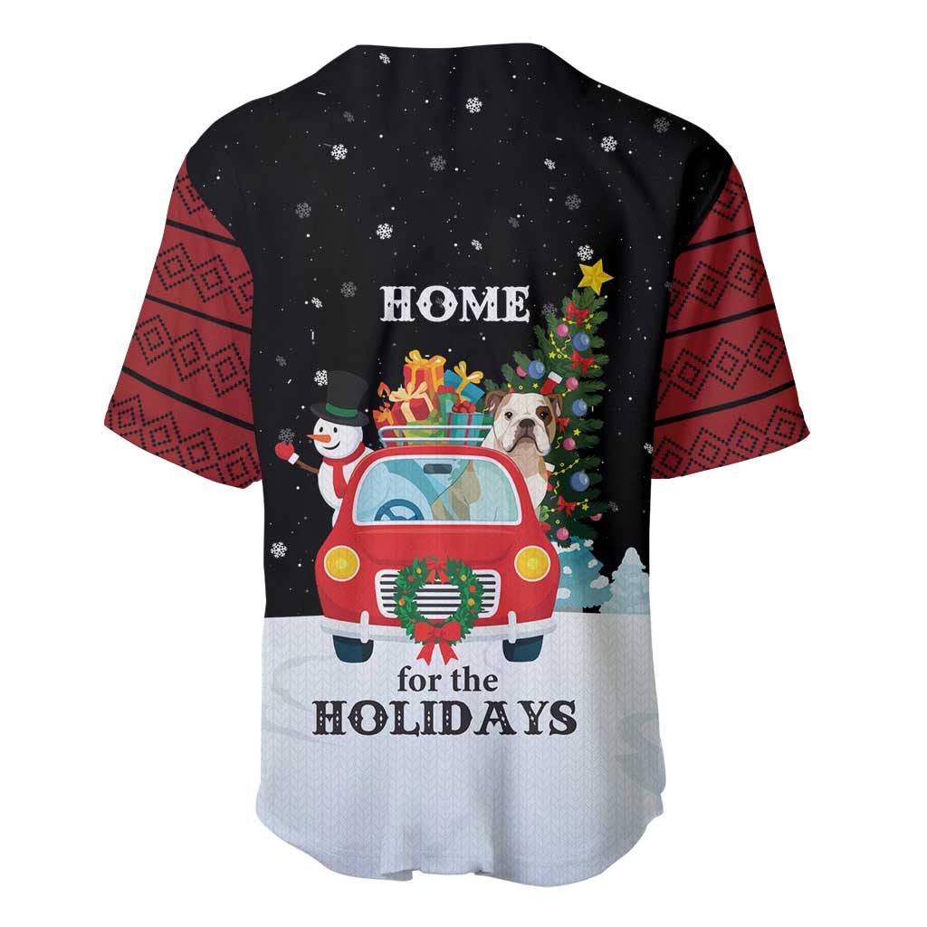 Merry Christmas Bulldog And Snowman Baseball Jersey Dog Snowman Christmas Tree and Red Car Winter Scene - Wonder Print Shop